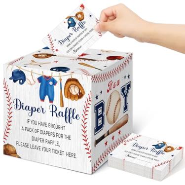Imagem de Teling 51 peças de bilhetes de sorteio de fraldas com caixa de cartão, decorações de chá de bebê, caixa de suporte para revelação de gênero para festa de sorteio de fraldas para meninas e meninos