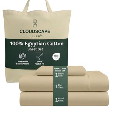 Imagem de Conjunto de lençóis de algodão egípcio de camada dupla Cloud Scape Linen Twin XL – Tecido de cetim de fibra longa, conjunto de cama essencial de 3 peças de qualidade de hotel macio, bolsos profundos