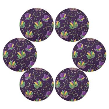 Imagem de Wassud Jogo americano conjunto de 6 tapetes de mesa redondos com tema de carnaval para cozinha e jantar tapetes laváveis resistentes ao calor decoração de mesa 39 cm