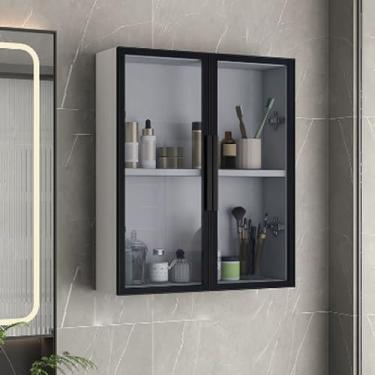 Imagem de Armário de banheiro de madeira maciça montado na parede com espelho, rack de armazenamento estreito com portas de vidro, perfeito para organização de banheiro e cozinha, design que economiza espaço