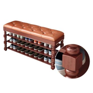 Imagem de Banco moderno de madeira de meados do século com almofada, sapateira elegante e armário de armazenamento para entrada, porta da frente e sala de estar - 100 x 30 x 58 cm