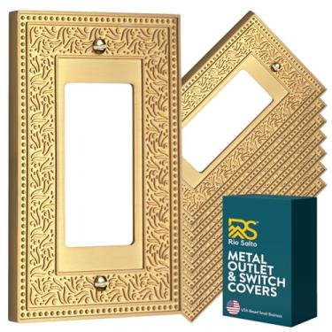 Imagem de Rio Salto Placa de parede de pérola botânica, capa de interruptor de luz de metal dourado, capas decorativas para tomadas de luz (ouro de latão escovado, 1 balancim 8PK)
