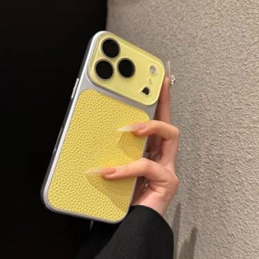 Imagem de Capa de couro com janela grande e blocos de cores para iPhone 13, 17 Pro Max, 16, 15 e 14 Pro Max, com proteção para lente de vidro (para iPhone 16 Pro/Amarelo)