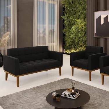 Imagem de Conjunto Poltrona e Namoradeira Decorativas Karen Pés Fixo em Madeira Castanho Suede Preto G19 - Gran Belo