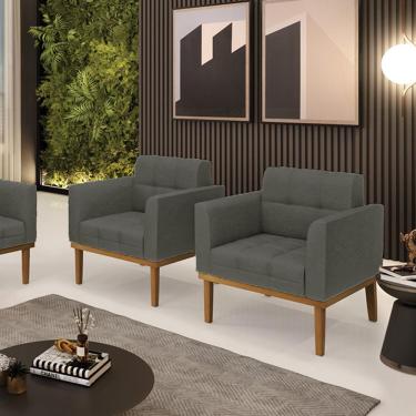 Imagem de Kit 2 Poltronas Decorativas Karen Pés Fixo em Madeira Castanho Linho Cinza Mesclado G19 - Gran Belo