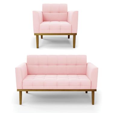 Imagem de Conjunto Poltrona e Namoradeira Decorativas Karen Pés Fixo em Madeira Castanho Suede Rosa Bebê G19 - Gran Belo