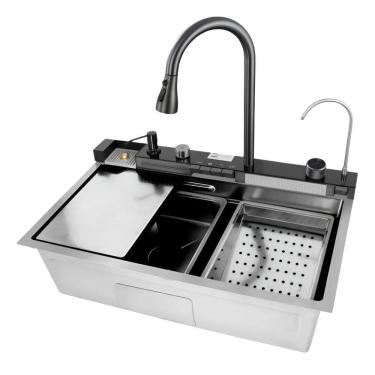 Imagem de Kit Cuba Inteligente com Cesto Torneira Filtro Dispenser de Sabão Lavador de Copos e Tábua Prata