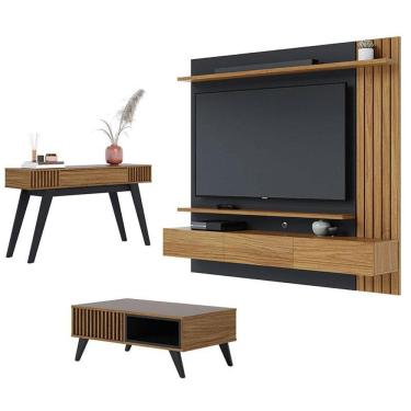 Imagem de Painel para Tv Home Suspenso Juriti 1.8 com Mesa de Centro Jeri e Aparador Riviera Noce Milano Preto Acetinado - Colibri