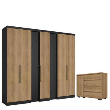 Imagem de Guarda Roupa Casal Selecto 7 Portas Preto Capuccino e Cômoda com Porta Aurora Capuccino - THB