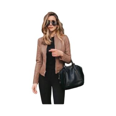 Imagem de Jaqueta Bomber Vintage Feminina Em Couro PU Com Zíper, Casaco Casual P
