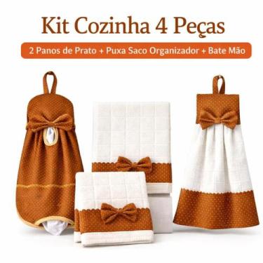 Imagem de Kit 4 Peças Pano de Prato Atoalhado Puxa Saco e Bate Mão Artesanal Alt
