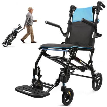 Imagem de Cadeira de Rodas para Adultos Ultraleve ProTraverse Azul Dobrável Transporte Viagem com Alça Telescopica
