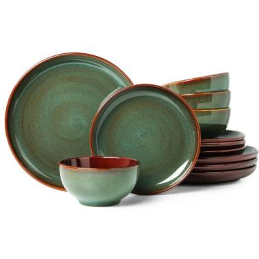 Imagem de Conjunto de louças de grés Pokini Sage Green, serviço de 12 peças para