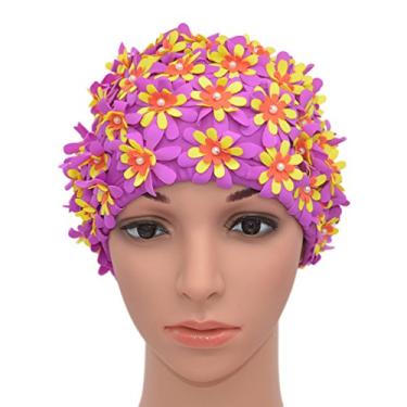 Imagem de Medifier Touca de natação floral pétala estilo retrô toucas de banho para mulheres roxo