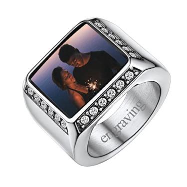 Imagem de FindChic Anéis de sinete com foto personalizada quadrada/coração/anel redondo grosso aço inoxidável/banhado a ouro 18 quilates/preto tamanho 7 a 14 joias personalizadas para homens e mulheres, envie caixa de presente, Strass, Strass