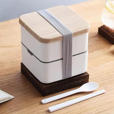 Imagem de Bento Box estilo japonês fofo Kawaii de volta às aulas, material infantil para adultos e crianças, lancheira para preparação de refeições, lancheira com compartimento empilhável de 2 camadas, selo à prova de vazamento com colher de pauzinhos (B)