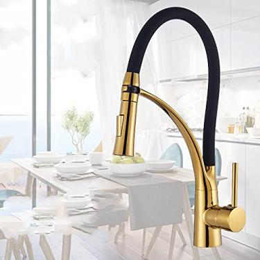 Imagem de Torneira de pia de cozinha led preto giratório pull down torneira de pia de cozinha montada deck de banheiro montado misturador de água quente e fria, ouro sem led, china