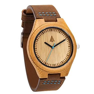 Imagem de Treehut Relógio masculino de madeira de bambu com pulseira de couro marrom genuíno de qualidade Miy.