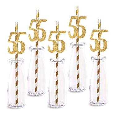 Imagem de Canudos decorativos de 55 anos de decoração de canudo de papel, 24 unidades de glitter dourado real com números recortados Happy 55 anos de festa