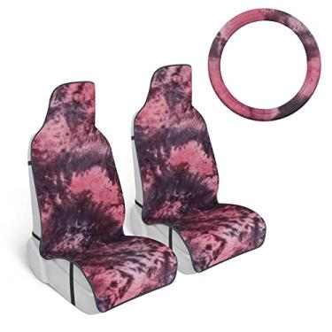 Imagem de Carbella Capas de assento de carro Tie-Dye, capas de assento vermelhas para carros com capa de volante correspondente, capas internas automotivas fofas para caminhões Van SUV