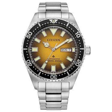 Imagem de Citizen Relógio masculino Promaster Dive automático de aço inoxidável prata, mostrador amarelo (modelo: NY0120-52X), Prata