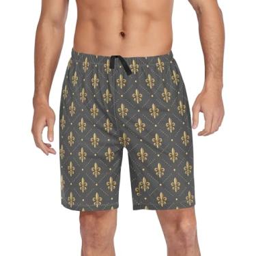 Imagem de CHIFIGNO Shorts de pijama masculino para dormir calça de pijama macio com bolsos e cordão, Flor de lis dourada, G