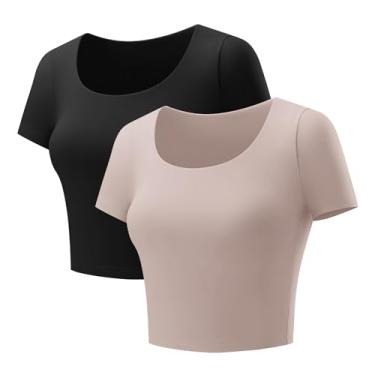 Imagem de LOMON Camiseta feminina manga curta gola redonda sexy Y2k tops bonitos slim fit 2024 roupas de moda de verão, Preto e cinza claro, rosa, GG
