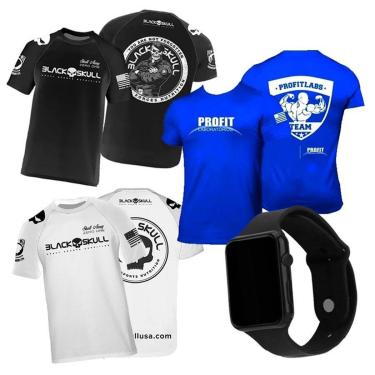 Imagem de Kit 3x Camiseta Black Skull Preta Bope + Branca Caveira + Azul Cross Pro Fit + Relógio-Unissex