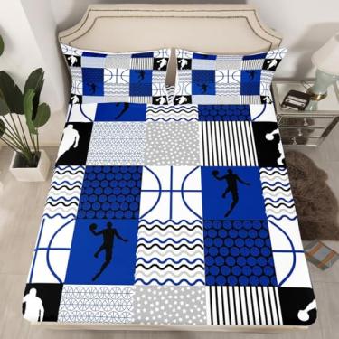 Imagem de Jogo de cama de basquete tamanho queen para jogos esportivos meninos meninas jogo de bola lençol com elástico para crianças ultra macio azul cinza preto conjunto de cama capa de cama decoração de