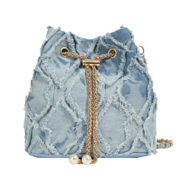 Imagem de Pequena bolsa tipo balde, bolsas jeans para mulheres, bolsas transversais, bolsa Hobo, bolsa com cordão, bolsa, Azul