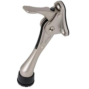 Imagem de CG PLUS Batente de porta, semiautomático de um toque – Rolha de porta de metal de 10 cm, com ponta de borracha antiderrapante para pisos de madeira, concreto, azulejo e carpete - níquel acetinado 1 pacote