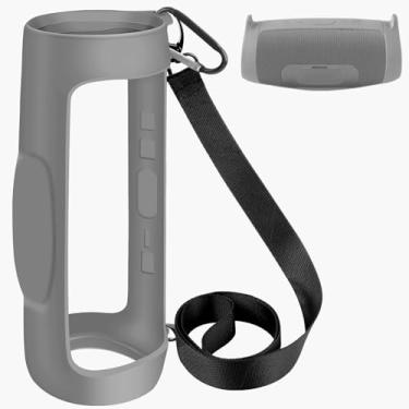Imagem de Capa de silicone para caixa de som JBL Charge 4 portátil, impermeável, sem fio, Bluetooth, gel de viagem, bolsa de transporte de borracha à prova d'água com alça (cinza)