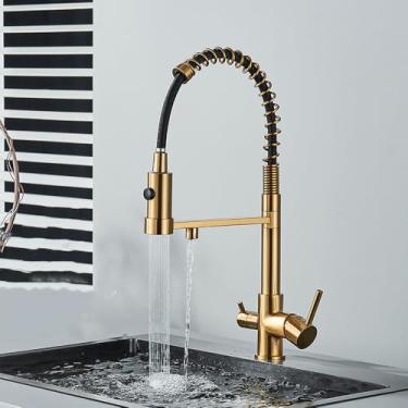 Imagem de Torneira de filtro de água de cozinha Torneira misturadora de água potável pura Torneira de rotação de purificação de água Torneiras de cozinha Guindaste, ouro escovado B