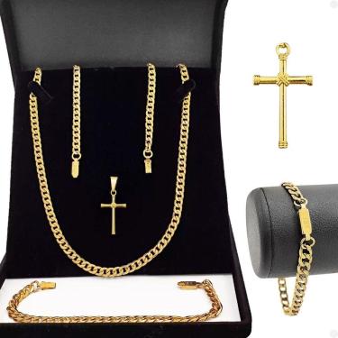 Imagem de Pingente Cruz + Pulseira Grumet + Corrente Banhada Aço Inox
