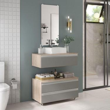 Imagem de Conjunto De Gabinete Banheiro Creta 80cm (gabinete+cuba+espelheira) Madeirado Cinza