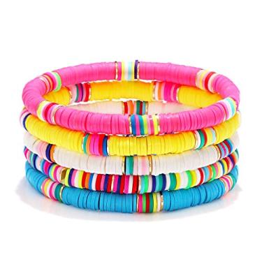 Imagem de NVENF Pulseiras femininas de arco-íris Heishi empilháveis com contas de disco de vinil africano, pulseiras elásticas boêmias, acessório de praia de verão, 2.6, Plástico, Sem pedras preciosas