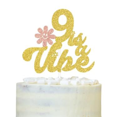 Imagem de Happy 9th Birthday Cake Topper, 9 is a Vibe, Cheers to 9 Years, Glittery Groovy Daisy 9th Birthday Party Decorations Supplies