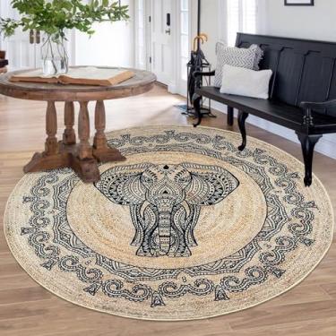 Imagem de Lacomfy Tapete Boho 1,8 m redondo elefante quarto tapete círculo fazenda sala de estar, tapete antiderrapante para sala de jantar, tapete lavável para quarto de crianças, decoração de casa, 1,5 m