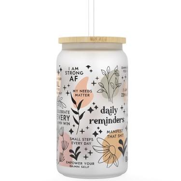 Imagem de Copo de café gelado Daily Affirmation [fosco], copos de vidro com tampas de bambu e canudos | 473 ml Mason Jar Copos e Boba Cup | Copo de vidro com canudo e tampa Saúde mental [Edição vulgar]