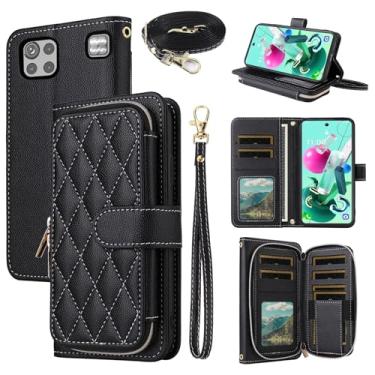 Imagem de Dswteny Argyle Capa carteira para LG K92 5G com alça de pulso, alça de ombro, bolsa de couro PU flip suporte para cartão de crédito capa para celular para LGK925G K 92 92K LMK920AM Q92 G5 mulheres