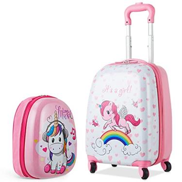 Imagem de BABY JOY Conjunto de 2 peças de bagagem infantil, mala de mão de 40,6 cm e conjunto de mochila de 30,5 cm, estojo de viagem infantil com 4 rodízios, alça retrátil, estojo leve para meninas, Multicor