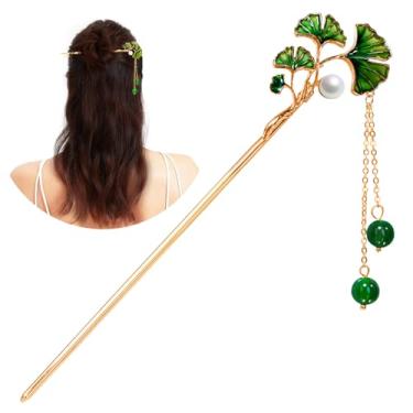 Imagem de KZQtriid Acessórios de cabelo, cobre banhado a ouro 14k, vintage artesanal, esmaltes coloridos, folha de ginkgo, contas de jade, borlas, prendedor de cabelo. Pauzinhos de cabelo de 17 cm para mulheres