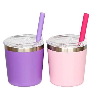 Imagem de Colorful PoPo Bonito copo infantil de aço inoxidável com tampas, copo de canudo de silicone para crianças, mini copos empilháveis isolados para leite batido, conjunto de 2 (rosa roxo, 227 g)
