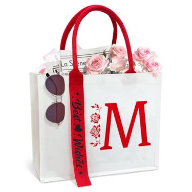 Imagem de OECTVD Sacola de lona com fita inicial personalizada, presente para sua esposa, mãe, amiga, aniversários, casamentos, M, 13.7 x 11.8 x 4.7 inch