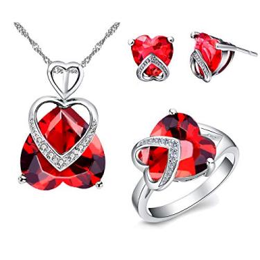 Imagem de Uloveido Colar com pingente de coração roxo grande vermelho AAA Zircônia cúbica Brincos de gota e anel solitário Cristal Conjunto de joias de noivado para mulheres meninas presente T086 Vermelho