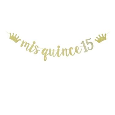 Imagem de SNFHWL Faixa dourada com glitter Mis marmelo 15 com coroas, decorações de festa de aniversário de 15 anos, decoração de festa de aniversário de 15 anos, cenários de guirlandas para meninas