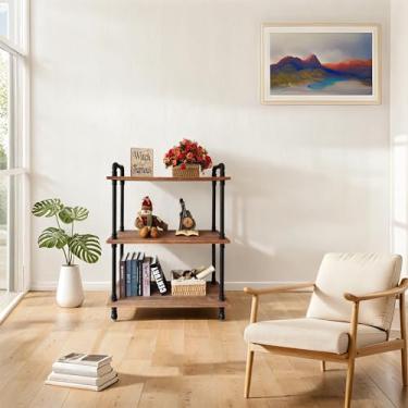 Imagem de Estante aberta industrial, estante de tubos de ferro com madeira maciça, suporte de armazenamento de exibição Prateleira para sala de estar, cozinha, escritório (marrom desgastado, 74,88 cm C x 30 cm L x 99 cm A)