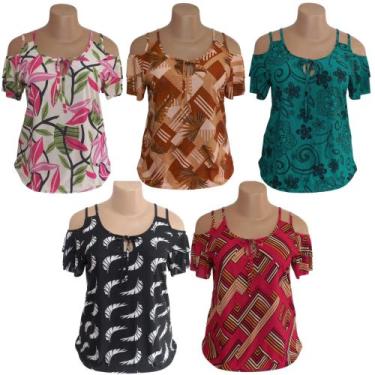 Imagem de Kit 2 Blusa Feminina Ombro Vazado Malha Fria Estampadas - PMQ, Sortida