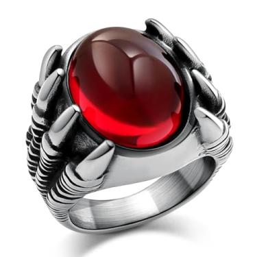 Imagem de Hoyazvet Anel masculino de aço inoxidável com garra de dragão - estilo motociclista gótico com acabamento em ouro preto/18K, pedra preciosa vermelha/preta, joia punk com sinete de pedra de cristal
