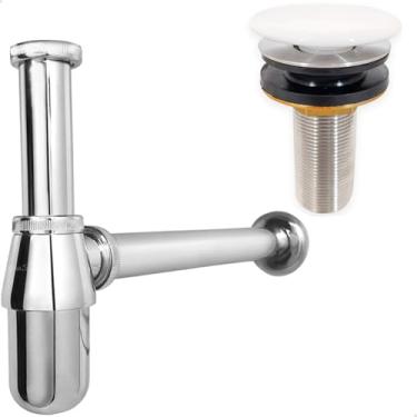 Imagem de Dona D Cor, Sifão Copo Cromado Metal 7/8 E Válvula Click Inox 30mm Tampa Cerâmica Branca Ralo Pia Lavatório Cuba Aparente Kit Banheiro